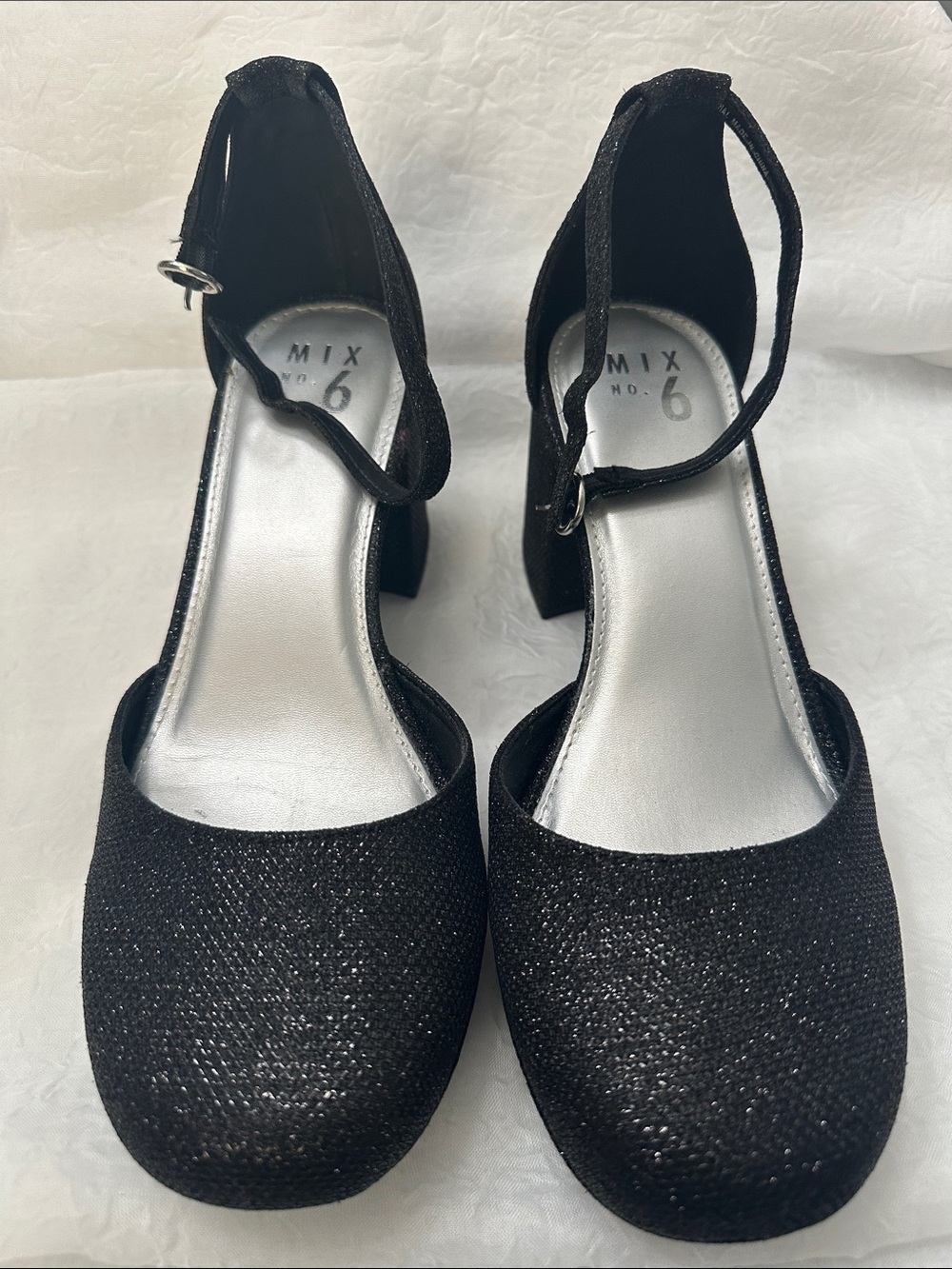 Mix No. 6 Black Glitter Ankle-Strap Block Heels